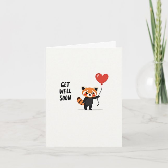 Cute Red Panda Get Well Soon Card with Heart (Front)