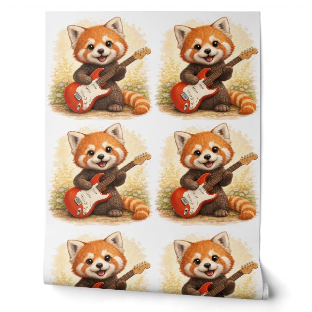 Cute Red Panda Guitar Pattern Wallpaper Kids (Unrolling)