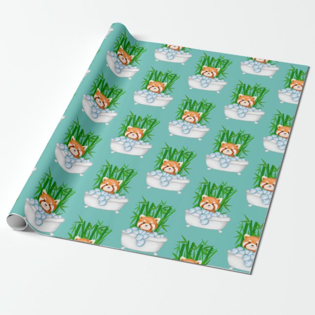 Cute Red Panda in Bubble Bath Bathtub Bamboo Funny Wrapping Paper (Unrolled)