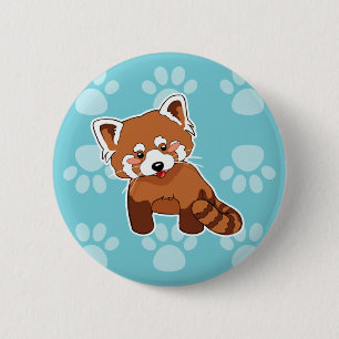 Cute Red Panda on Blue Paw Prints Pattern Pinback Button