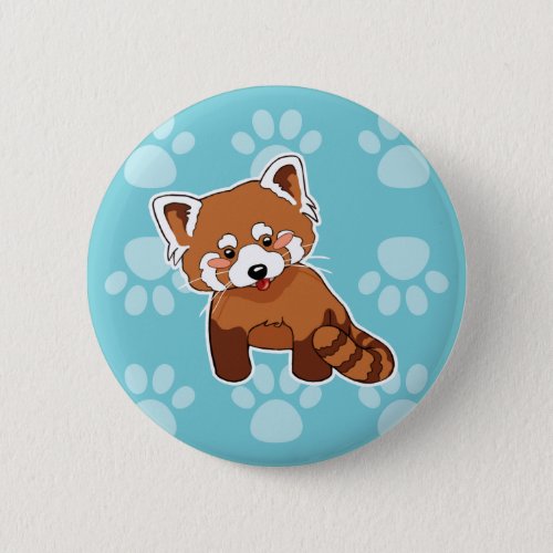 Cute Red Panda on Blue Paw Prints Pattern Pinback Button