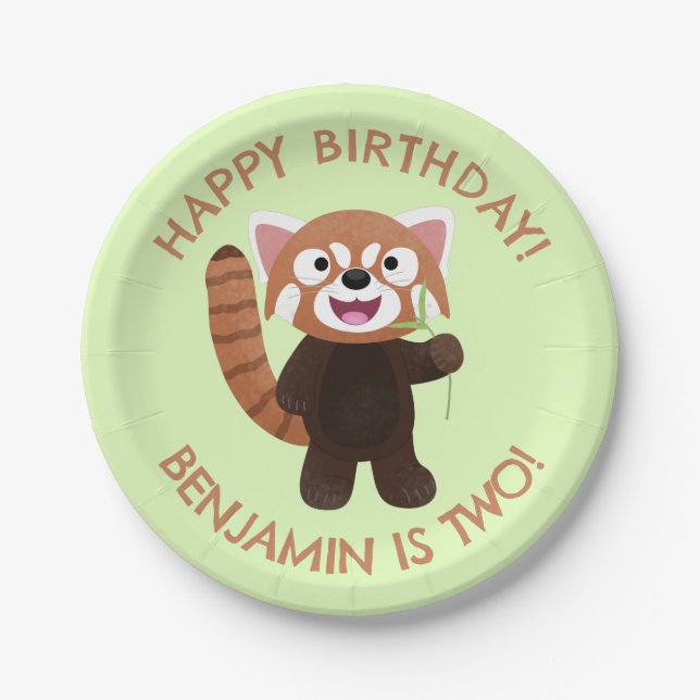 Cute red panda personalized cartoon birthday paper plates (Front)