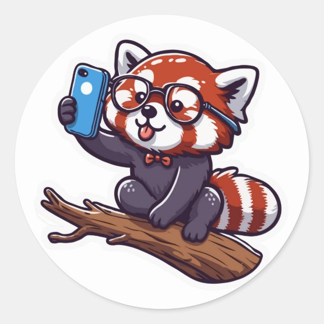 Cute Red Panda Selfie Illustration Classic Round Sticker (Front)