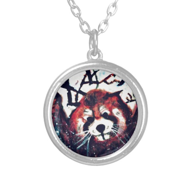 Cute Red Panda Snow Day Silver Plated Necklace (Front)