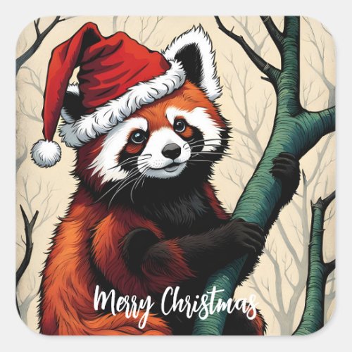 Cute Red Panda Tree Branch Christmas Square Sticker