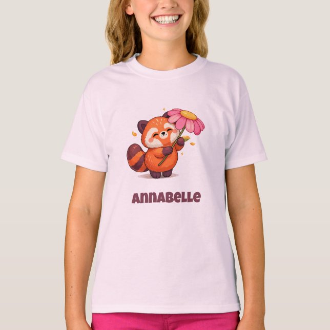 Cute Red Panda with Flower  T-Shirt (Front)