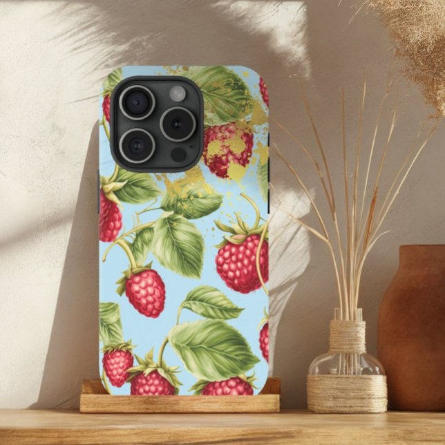 Cute Red, Pastel Blue and Gold Raspberry Fruit  Case-Mate iPhone Case (Creator Uploaded)