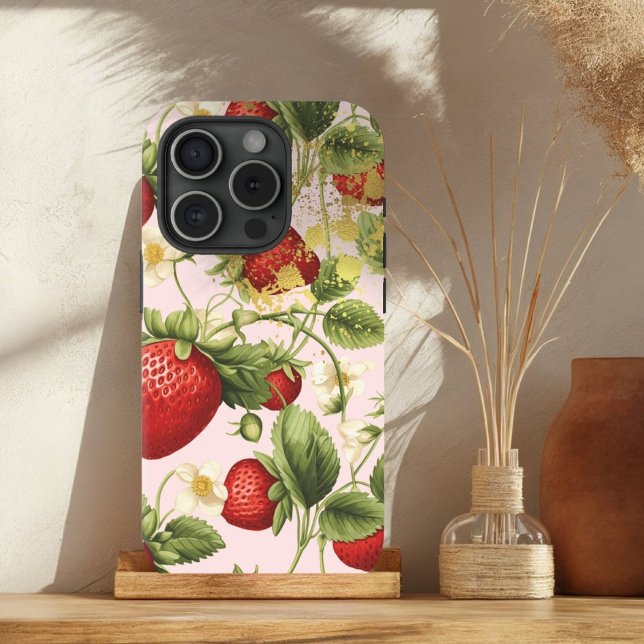Cute Red, Pastel Pink and Gold Strawberry Fruit Case-Mate iPhone Case (Creator Uploaded)