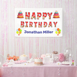 Cute Red Pattern Happy Birthday Custom Name Kids Banner