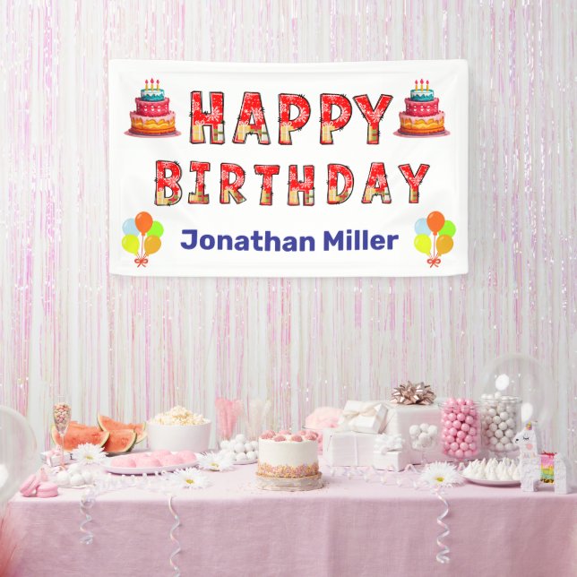 Cute Red Pattern Happy Birthday Custom Name Kids Banner (Party)