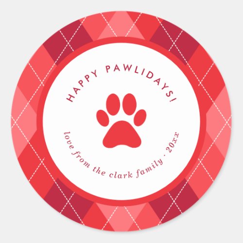 Cute Red Paw Print Happy Pawlidays Christmas Classic Round Sticker