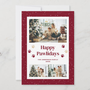 Cute Red Paw Prints Snow Photo Happy Pawlidays Holiday Card