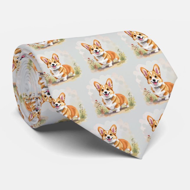 Cute Red Pembroke Welsh Corgi Dog Neck Tie (Rolled)