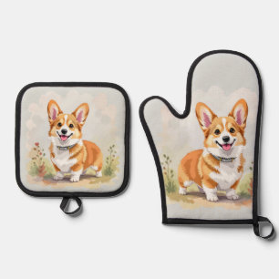 Cute Red Pembroke Welsh Corgi Dog Oven Mitt & Pot Holder Set