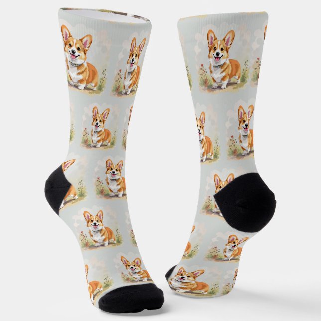 Cute Red Pembroke Welsh Corgi Dog Socks (Angled)