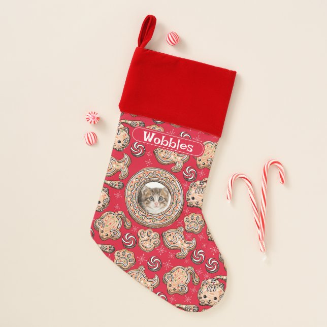 Cute Red Pet Cat Photo Personalized Holiday Cuffed Christmas Stocking (Front)