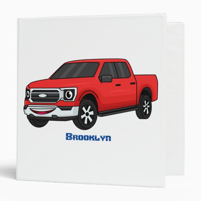 Cute red pickup truck cartoon illustration 3 ring binder (Front/Inside)