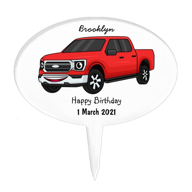 Cute red pickup truck cartoon illustration cake topper (Front)