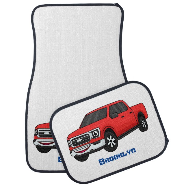 Cute red pickup truck cartoon illustration car floor mat (Set)