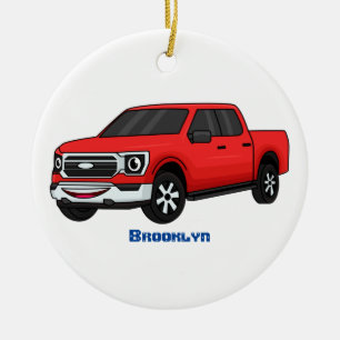 Cute red pickup truck cartoon illustration ceramic ornament