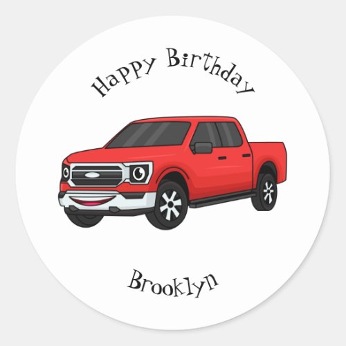 Cute red pickup truck cartoon illustration classic round sticker