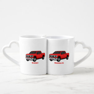 Cute red pickup truck cartoon illustration coffee mug set