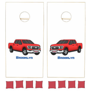 Cute red pickup truck cartoon illustration cornhole set