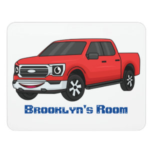 Cute red pickup truck cartoon illustration door sign