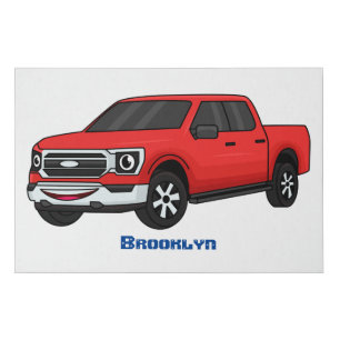 Cute red pickup truck cartoon illustration faux canvas print