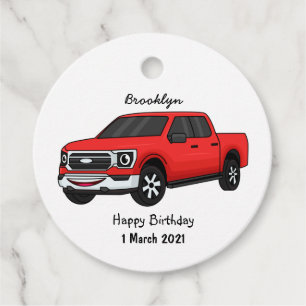 Cute red pickup truck cartoon illustration favor tags