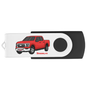 Cute red pickup truck cartoon illustration flash drive