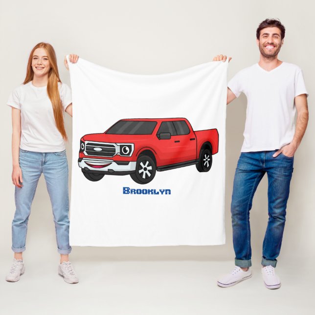 Cute red pickup truck cartoon illustration fleece blanket (In Situ)