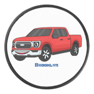 Cute red pickup truck cartoon illustration hockey puck
