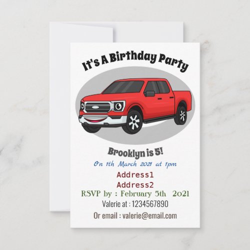 Cute red pickup truck cartoon illustration invitation