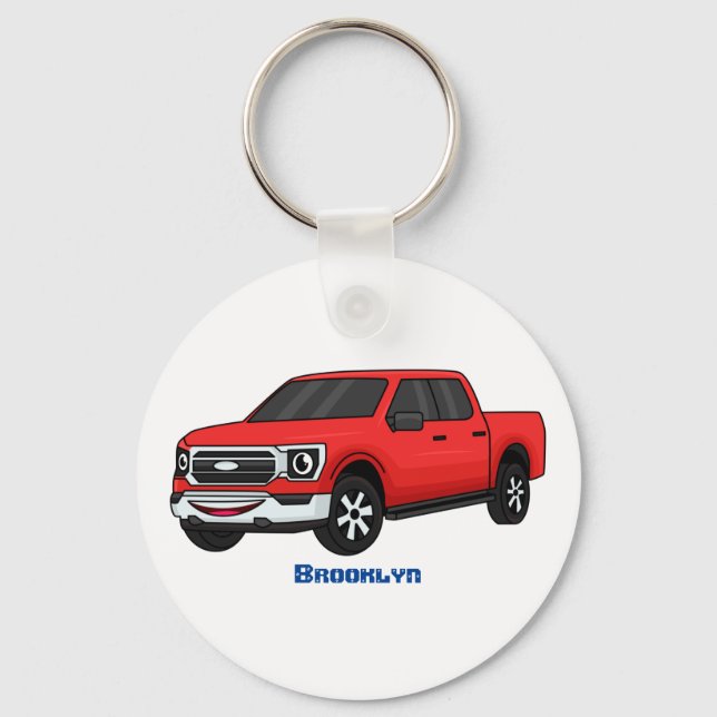 Cute red pickup truck cartoon illustration  keychain (Front)