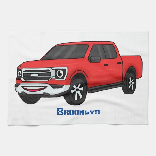 Cute red pickup truck cartoon illustration kitchen towel