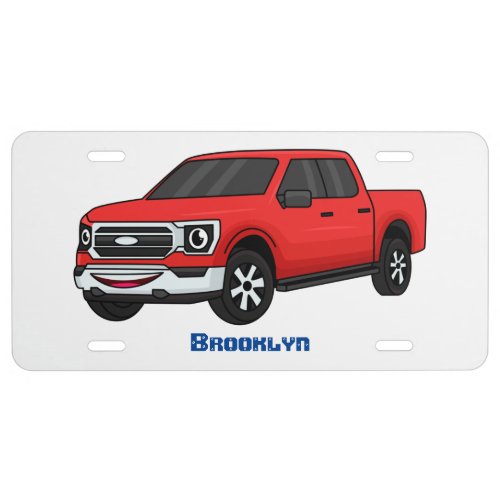 Cute red pickup truck cartoon illustration license plate