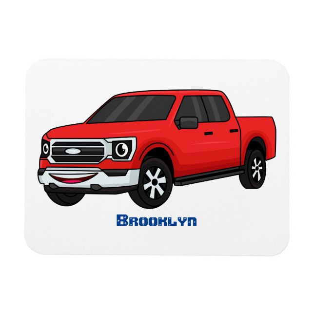 Cute red pickup truck cartoon illustration magnet (Horizontal)