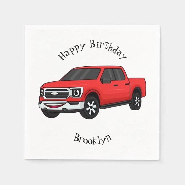 Cute red pickup truck cartoon illustration napkins (Front)