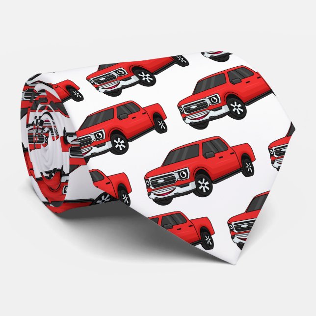 Cute red pickup truck cartoon illustration neck tie (Rolled)