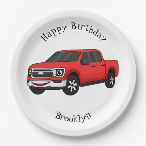 Cute red pickup truck cartoon illustration paper plates