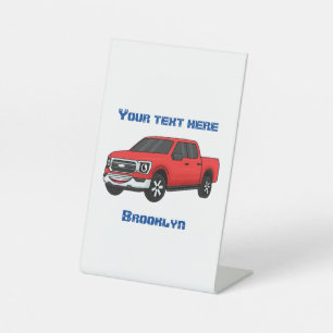 Cute red pickup truck cartoon illustration pedestal sign