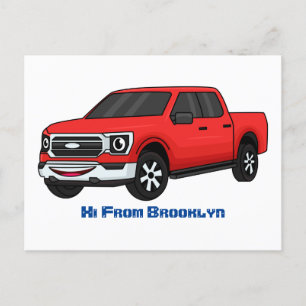 Cute red pickup truck cartoon illustration postcard