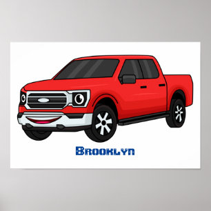 Cute red pickup truck cartoon illustration poster
