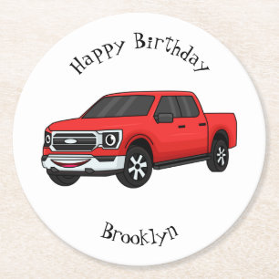 Cute red pickup truck cartoon illustration round paper coaster