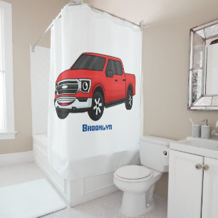 Cute red pickup truck cartoon illustration shower curtain