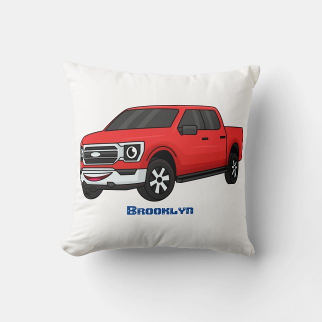 Cute red pickup truck cartoon illustration  throw pillow (Front)