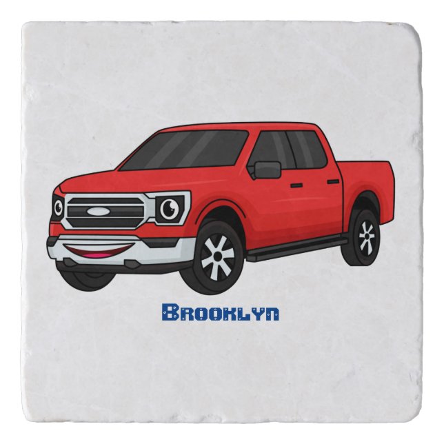 Cute red pickup truck cartoon illustration trivet (Front)