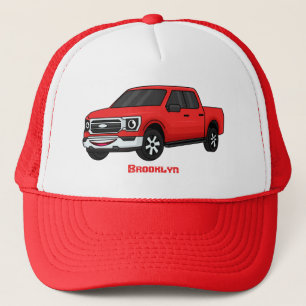 Cute red pickup truck cartoon illustration trucker hat