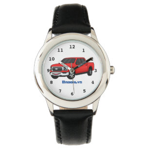 Cute red pickup truck cartoon illustration watch